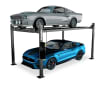 Forward EFP8 freestanding 4-post storage lift with two Ford Mustangs stacked, showing 8,000 lb capacity and garage space-saving design. - Image 1 of 0