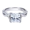 A princess cut center diamond sits in the middle of criss cross split shank bands, all covered in round brilliant diamonds in this platinum criss cross engagement ring. - Image 4 of 0