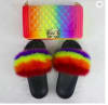 2020 Fashion luxury chain rainbow purse lady colorful bags candy jelly hand bags with real fox fur slides slippers set - Image 5 of 0