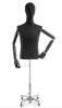 Black male canvas dress form with articulated arms head and chrome metal rolling base - Image 1 of 0