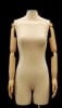 Pinnable female 3/4 dress form in tan linen with posable wood-look arms and a brushed metal offset floor base. - Image 2 of 0
