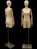 Pinnable female 3/4 dress form in tan linen with posable wood-look arms and a brushed metal offset floor base. - Image 3 of 0