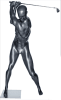 Full-body male golf mannequin in a dynamic swinging pose with a glossy gray finish, mounted on a square base with calf support. - Image 2 of 0