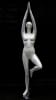 Female yoga mannequin in tree pose made of pearl white fiberglass with an abstract egghead and metal base. - Image 1 of 0