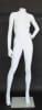 Matte white female headless mannequin with left hand on hip pose, fiberglass construction, and tempered glass base for apparel displays. - Image 1 of 0
