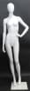 5'11" matte white abstract female fiberglass mannequin with egghead design, hand on hip pose, and glass base for retail display - Image 1 of 0