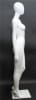 5'11" matte white abstract female fiberglass mannequin with egghead design, hand on hip pose, and glass base for retail display - Image 4 of 0