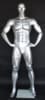 Gloss silver American football male mannequin with hands on hips pose, fiberglass construction, and black metal base for sports apparel displays. - Image 1 of 0