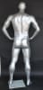 Gloss silver American football male mannequin with hands on hips pose, fiberglass construction, and black metal base for sports apparel displays. - Image 3 of 0
