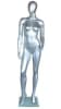 Metallic silver contemporary egg face female mannequin with right leg out pose, fiberglass construction, tempered glass base, and support rods - Image 1 of 0