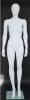 Matte white contemporary egg face female mannequin with bent right leg pose, fiberglass construction, metal calf and foot support rods, and tempered glass base - Image 1 of 0
