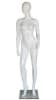 5'10" gloss white female egghead mannequin with raised leg pose, fiberglass construction, and tempered glass base for apparel displays - Image 1 of 0