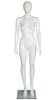 5'10" gloss white female egghead mannequin with fiberglass construction, straight pose, and tempered glass base for apparel displays - Image 1 of 0