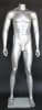 Matte silver headless male mannequin with fiberglass construction, tempered glass base, and calf support rod for menswear displays - Image 1 of 0