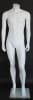 Matte white male headless mannequin with fiberglass construction, contemporary standing pose, tempered glass base, and calf support rod - Image 1 of 0