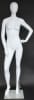 Matte white female egghead mannequin made of fiberglass, standing on a tempered glass base, showcasing retail clothing. - Image 1 of 0