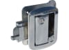 The AP Products 013-572 Chrome Global Travel Trailer Entry Door Latch Lock Assembly is a metal lock assembly with a paddle handle and deadbolt, designed to replace most travel trailer and 5th wheel entrance locks. It features a chrome finish. - Image 1 of 0