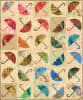 Dancing Umbrellas Batik Quilt Pattern with stencil shows an array of brightly colored umbrellas facing different directions, in colorful batik fabrics. - Image 1 of 0