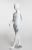 Glossy white fiberglass child mannequin in a walking pose with a round metal base. - Image 2 of 0