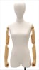 Fully posable egghead female dress form upholstered in white linen with adjustable beechwood-color arms and a brushed steel metal base. - Image 1 of 0