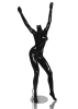 Glossy black headless female mannequin with raised arms up pose and sturdy base for retail apparel displays. - Image 1 of 0