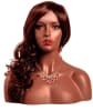 Realistic female display head with medium skin tone, shoulders, and bust made of fiberglass with pierced ears. - Image 1 of 0