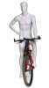 Glossy white male cyclist mannequin with molded hair standing in a resting pose on a square metal base. - Image 1 of 0
