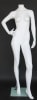Matte white female headless mannequin with right hand on hip pose, fiberglass construction, and tempered glass base for retail displays. - Image 1 of 0