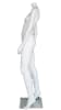 Matte white fiberglass female headless mannequin in an elegant pose, used for apparel display and supported by a tempered glass base. - Image 4 of 0