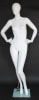 Matte white female egghead mannequin made of durable fiberglass with hands on hips pose, standing on a tempered glass base for retail clothing display. - Image 1 of 0