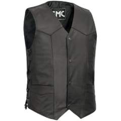 Men's black cowhide western leather vest with side laces and 4-button snap closure, style FMM602BM