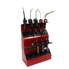 Lube dispensing console | Red with multiple oil control guns, featuring digital meters for precise measurements.