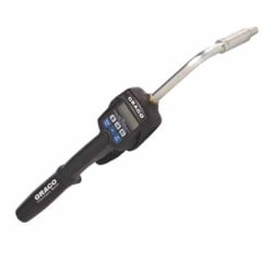 Graco electronic oil control gun with a Rigid Extension, digital display, and ergonomic handle, designed for precise oil dispensing in automotive workshops.
