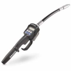 Graco electronic oil control gun with a flexible hose, digital display, and ergonomic handle, designed for precise oil dispensing in automotive workshops.