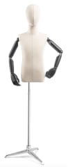 Child display dress form with bronze canvas torso on metal tripod base adjustable retail mannequin for boutiques and designers