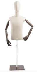 Male display dress form with natural canvas torso on wooden flat base adjustable retail mannequin for boutiques and designers