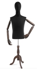 Male display dress form with natural canvas torso on wooden tripod base adjustable retail mannequin for boutiques and designers