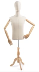 Male display dress form with natural canvas torso on wooden tripod base adjustable retail mannequin for boutiques and designers
