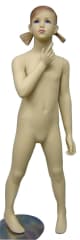 Realistic 7T girl mannequin in fleshtone fiberglass with one arm bent up and a chrome steel round metal base.