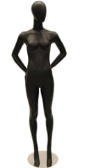 Glossy black female fiberglass mannequin with a natural pose and chrome base for retail fashion display.