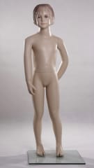 Child mannequin with fiberglass construction, realistic facial features, and an included base.