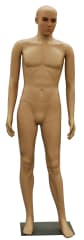 Realistic fleshtone male mannequin made of unbreakable plastic with arms by side and a durable metal base.