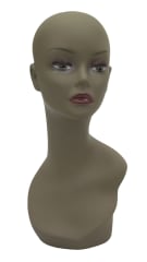 Tan fleshtone female mannequin display head with pierced ears for jewelry and accessory display