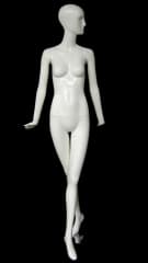 Tall abstract female mannequin in a high gloss white fiberglass finish on a stable base with ankle and foot rods.