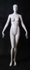 Tall abstract female mannequin in a high gloss white fiberglass finish on a stable base with ankle and foot rods.