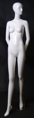 Tall Terry abstract female mannequin in a high gloss white fiberglass finish standing on a stable metal base with ankle and foot rods.