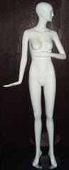 Tall Terry abstract female mannequin in a high gloss white fiberglass finish standing on a stable metal base with ankle and foot rods.