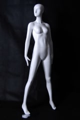 Tall standing female abstract mannequin in glossy white fiberglass with a durable metal base.