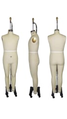 Professional male full body dress form in fine gray linen on a chrome rolling stand, designed for tailoring and pinnable garment fitting.