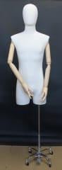 Linen Covered Male Body Form with Natural Wood Arms and Dress Maker Base